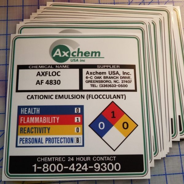 High bond vinyl stickers produced for Axchem USA Inc.